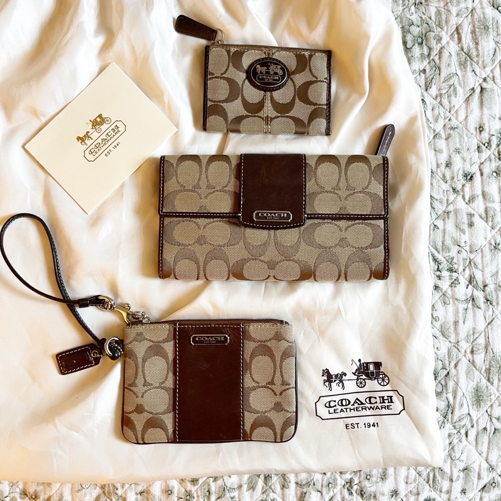 Coach Signature Monogram‎ Wallet, Wristlet, and Cardholder Set Brown Tan Lilac